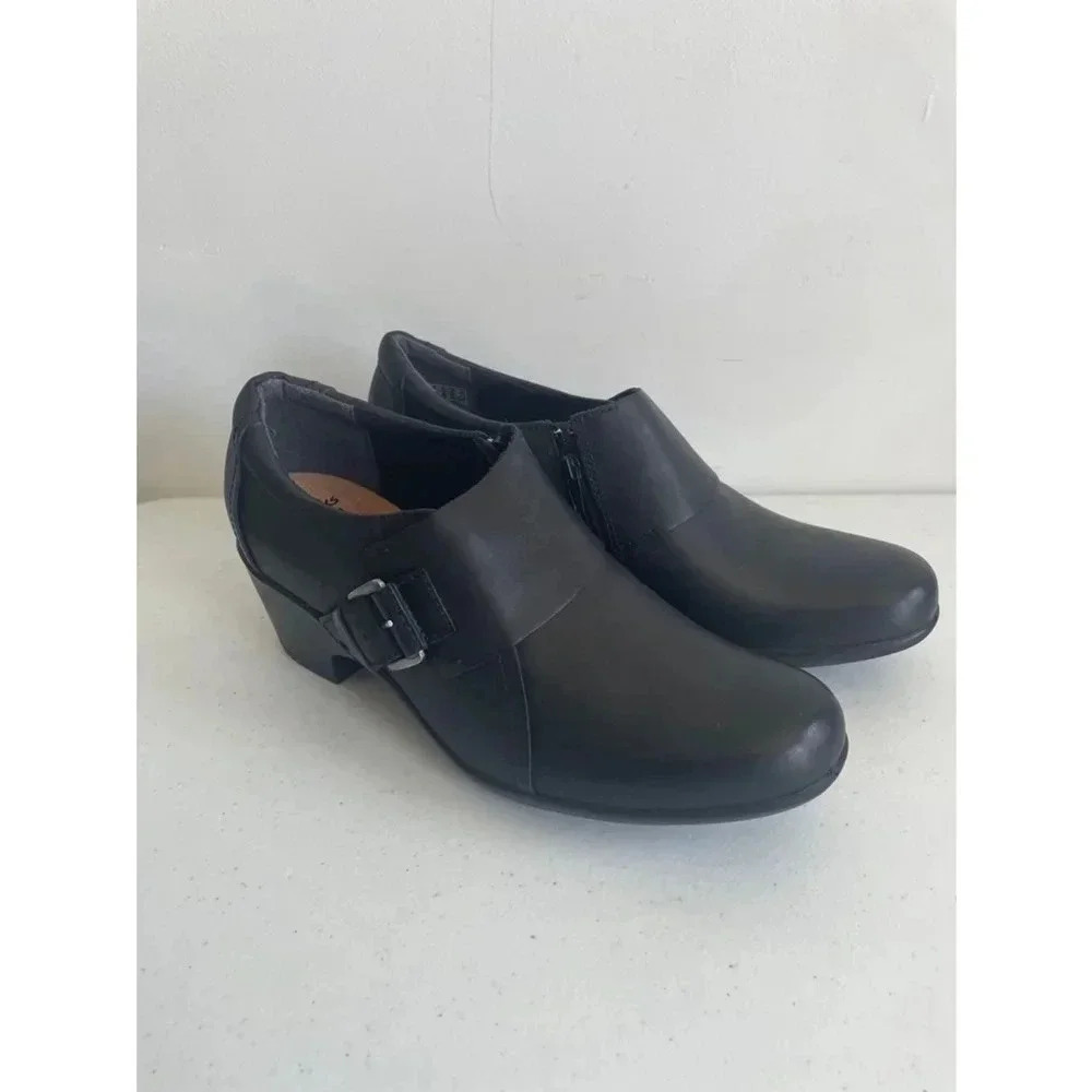 NEW Clarks Genette Vista Shoes Black Leather Buckle Bootie‎ Zipper Size 9.5